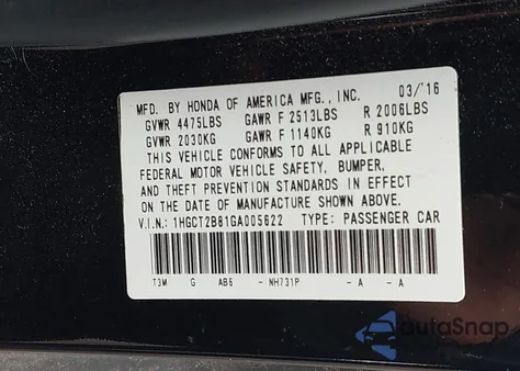 2016 Honda Accord Ex-L V-6 from USA, damaged, VIN 1HGCT2B81GA005622